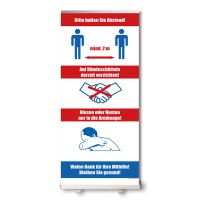 Bannerdisplay Roll-Up inkl. Banner Hygiene hinweise, Bannermass: 850x2.100mm mit Klemmleiste oben - unten geklebt - Roll-Up Schutz