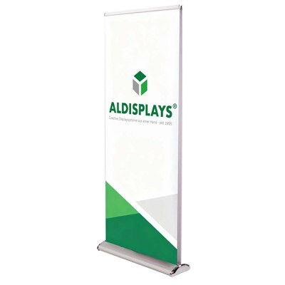 Bannerdisplay RollUp - Design 85 Double Sichtformat: 850 x 2.000 mm Verchromte Seiten und Standfuß, Teleskopstange, - Roll Up Design Double 850