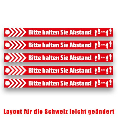 Bodenaufkleber "Abstand halten" Format 1.000x80mm - Set bestehend aus 5 Stück Monomere SK-Folie - grauer Kleber ablösbar - Boden Abstand Set CH Bodenaufkleber "Abstand halten" Format 1.000x80mm - Set bestehend aus 5 Stück Monomere SK-Folie - grauer Kleber ablösbar - Boden Abstand Set CH