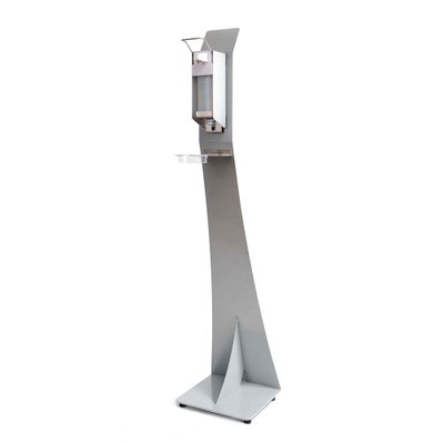 Desinfektionsspender-Display mit Pumpspender Spenderpumpe mit Armhebel Grundgestell pulverbeschichtet in RAL LICHTGRAU - Pumpspender Detail Desinfektionsspender-Display mit Pumpspender Spenderpumpe mit Armhebel Grundgestell pulverbeschichtet in RAL LICHTGRAU - Pumpspender Detail