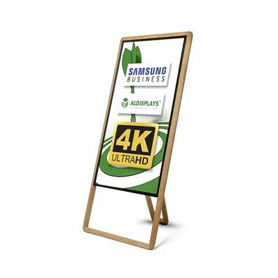 Digital Signage Digitaler Kundenstopper für den Inneneinsatz - Größe: 43 Zoll - 4K UHD 28-mm-Rahmen aus hochwertigem Eichenholz - Digitaler Kundenstopper Holz schräg.webp