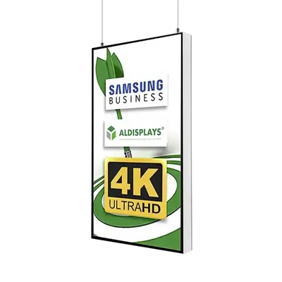 Digital Signage Digitales Poster TrendLine einseitiger 50 Zoll-Bildschirm - weiss - 4K UHD zur Deckenmontage, inkl. Deckenmontageset - Digitales Poster TrendLine ws hängend.webp