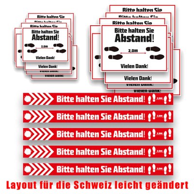 Großes Aufkleber-Set "Abstand halten" setweise verpackt, bestehend aus: 10x SK-Folie in DIN A3 - Andstand Aufkleber Set CH Großes Aufkleber-Set "Abstand halten" setweise verpackt, bestehend aus: 10x SK-Folie in DIN A3 - Andstand Aufkleber Set CH