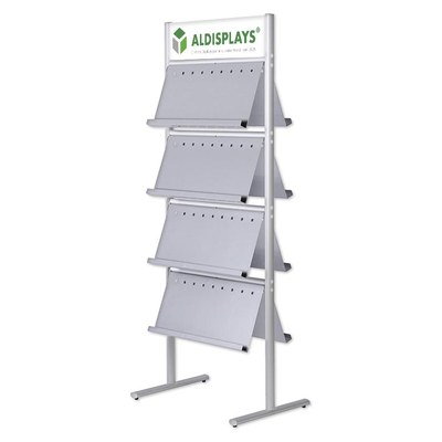 Prospektständer ELLIPSE Doppelseitig MIT Ablagen 4x3 - Farbe: silber-elox., mit Forextopper - Bodenprospektständer